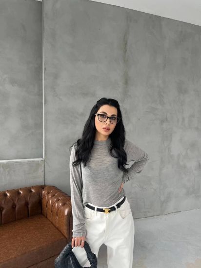 Bisiklet Yaka Uzun Kollu Crop - Gri resmi